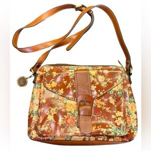 Patricia Nash Brown Leather Yellow Floral Buckle Crossbody Shoulder Bag Purse